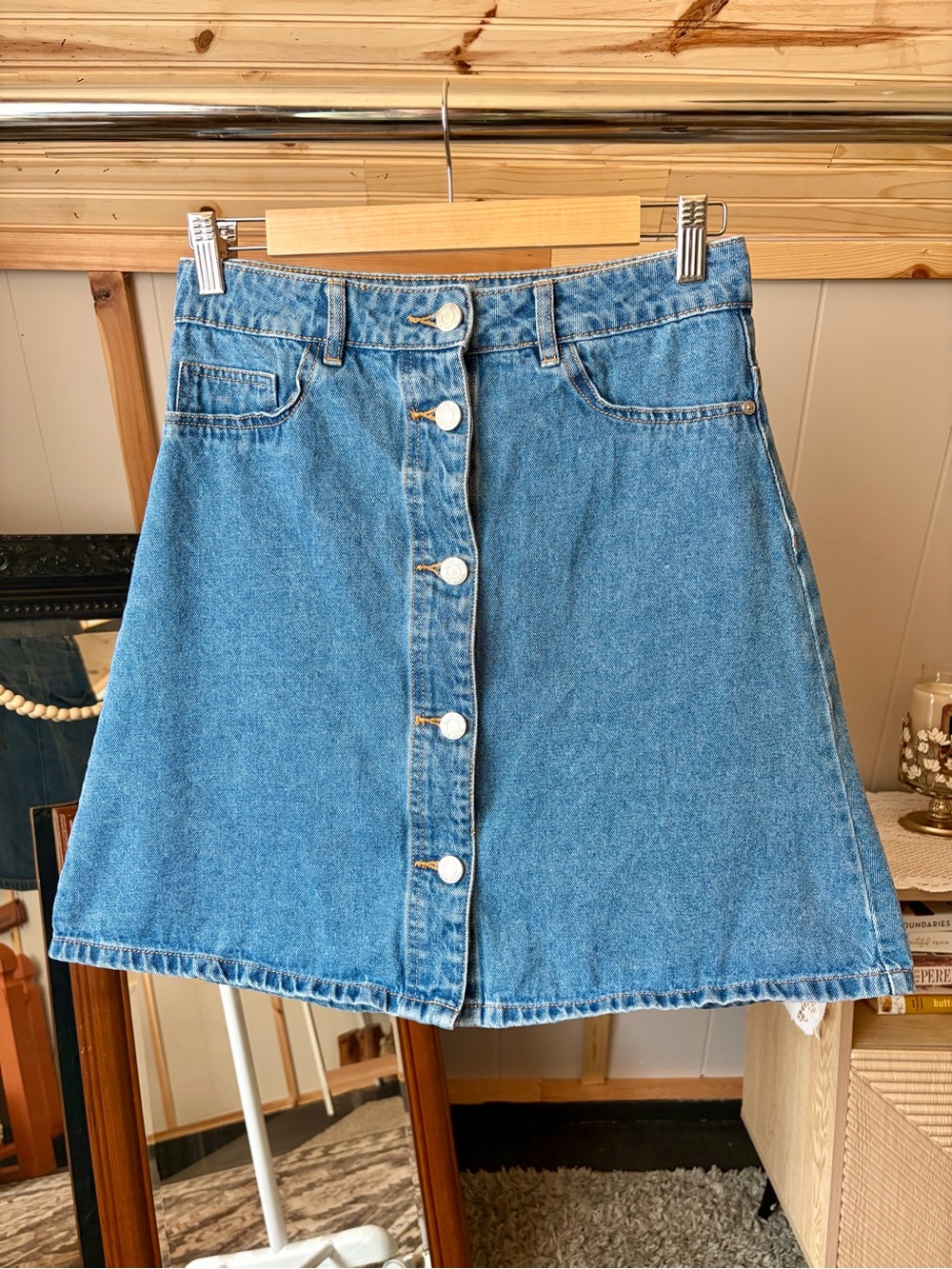 Vintage A-Line Denim Mini Skirt Button Front Cottagecore Skirt Casual Size Small